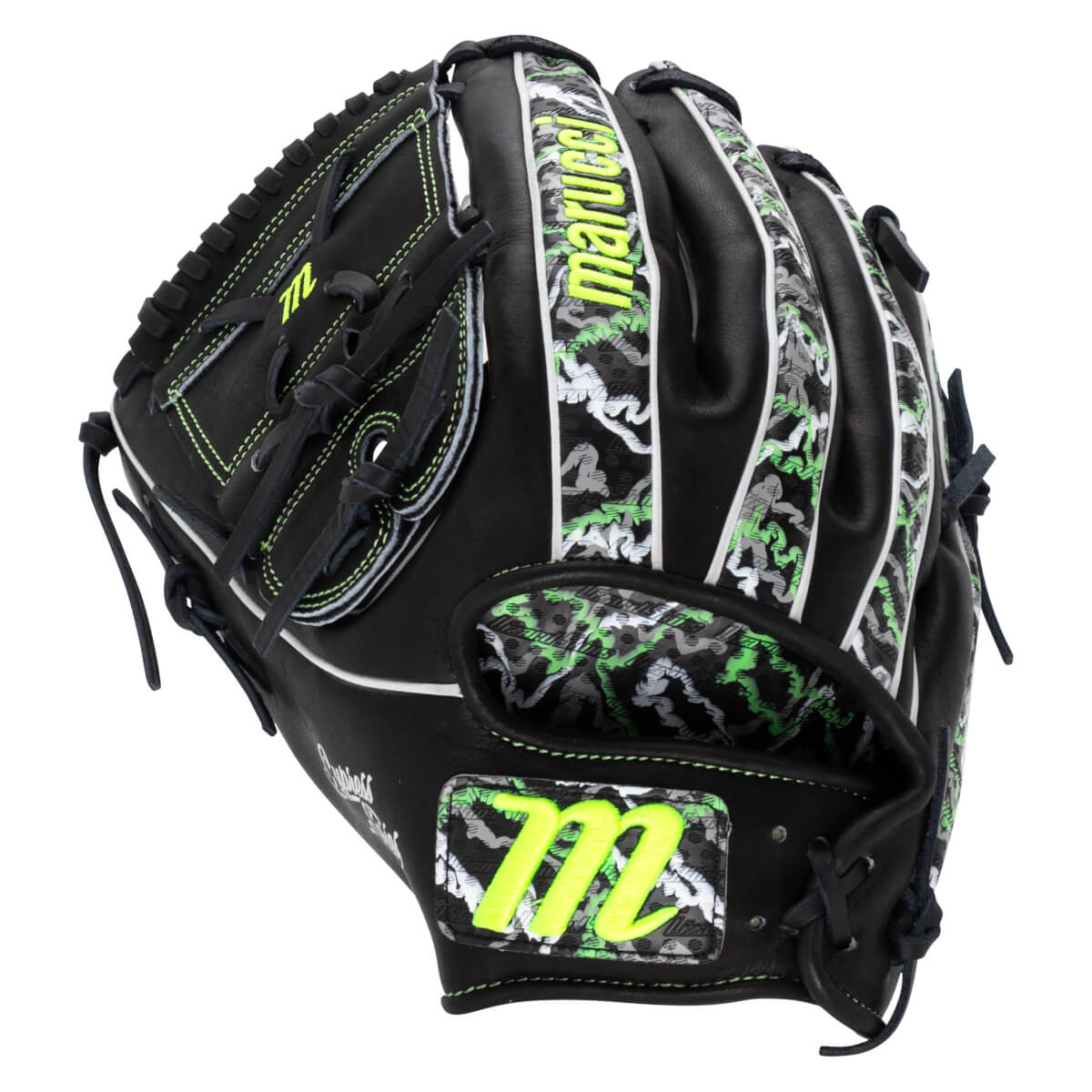 Back view of a black baseball glove with neon green marucci and M branding, white piping, and a grey and green lizard skin pattern on the fingers and wrist strap.
