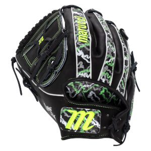 Back view of a black baseball glove with neon green marucci and M branding, white piping, and a grey and green lizard skin pattern on the fingers and wrist strap.