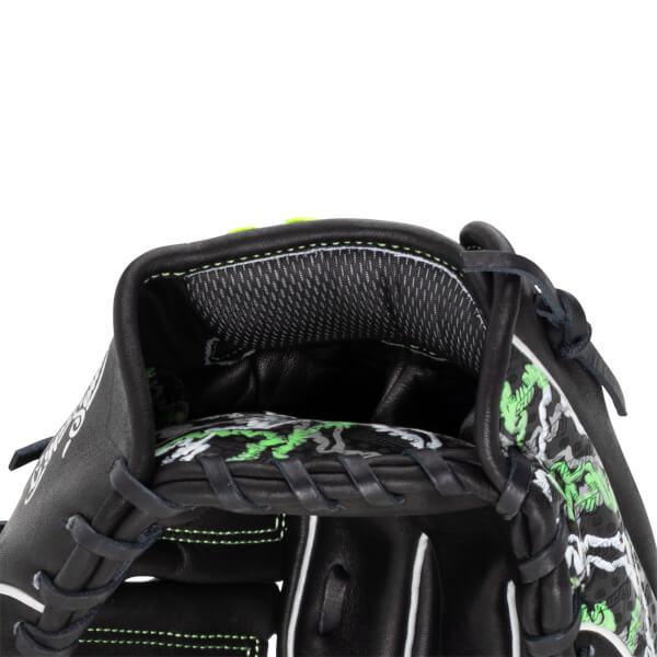 Close-up of the glove's wrist opening featuring black leather, thick black lacing, a mesh interior pad, and a green and grey graphic pattern.