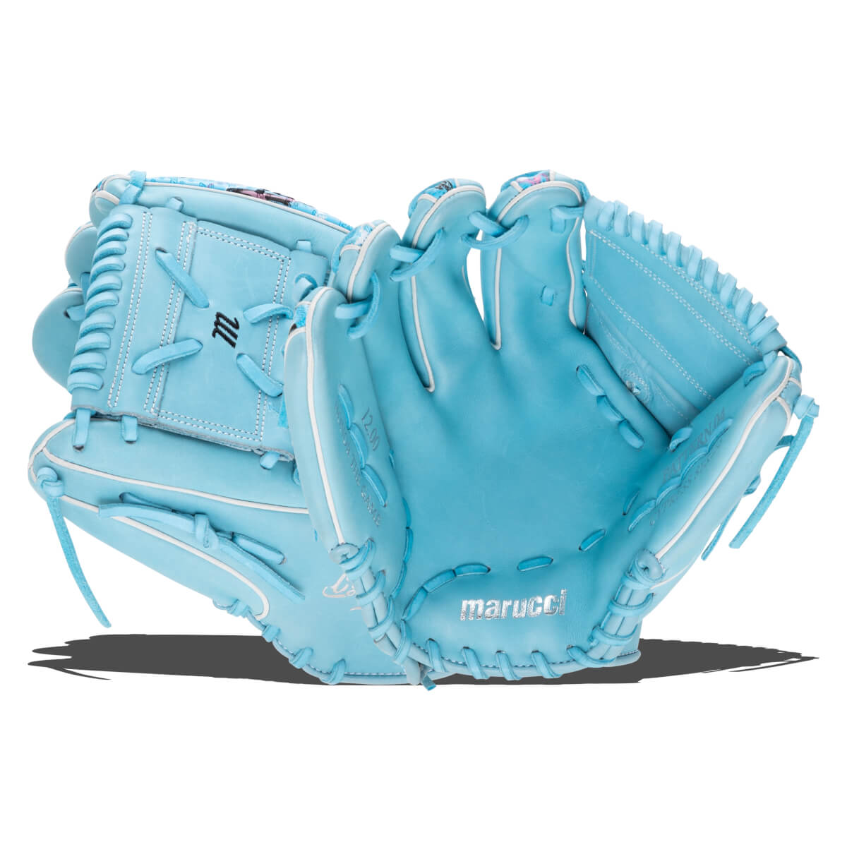 Corner view of a light blue Marucci Lizard Skins Cypress 12.00" baseball glove, showing white lacing and the "marucci" logo.