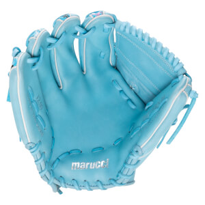 Top-down view of a light blue Marucci Lizard Skins baseball glove with white trim and "marucci" logo.