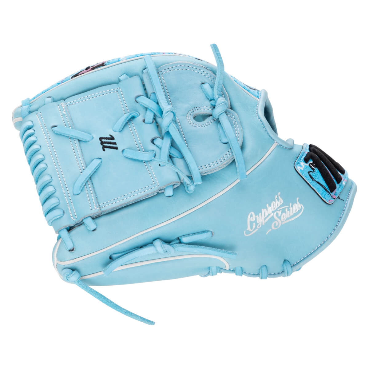 Corner view of a light blue Marucci glove showing the "M" logo and "Cypress Series" text.