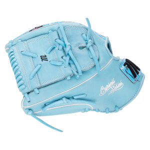 Corner view of a light blue Marucci glove showing the "M" logo and "Cypress Series" text.