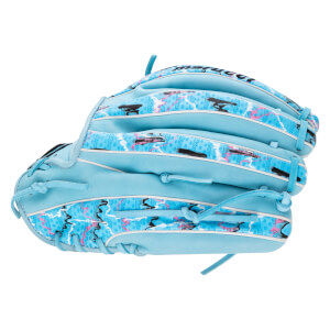 Side view of a light blue Marucci glove with black, pink, and white "Lizard Skins" graphic pattern.