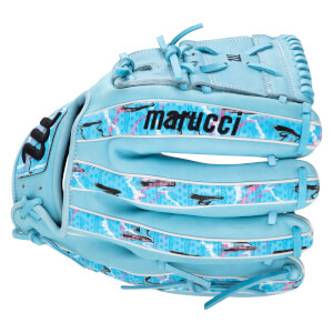 Side view of a light blue Marucci baseball glove with a black logo, white piping, and patterned inserts featuring bats and abstract designs.