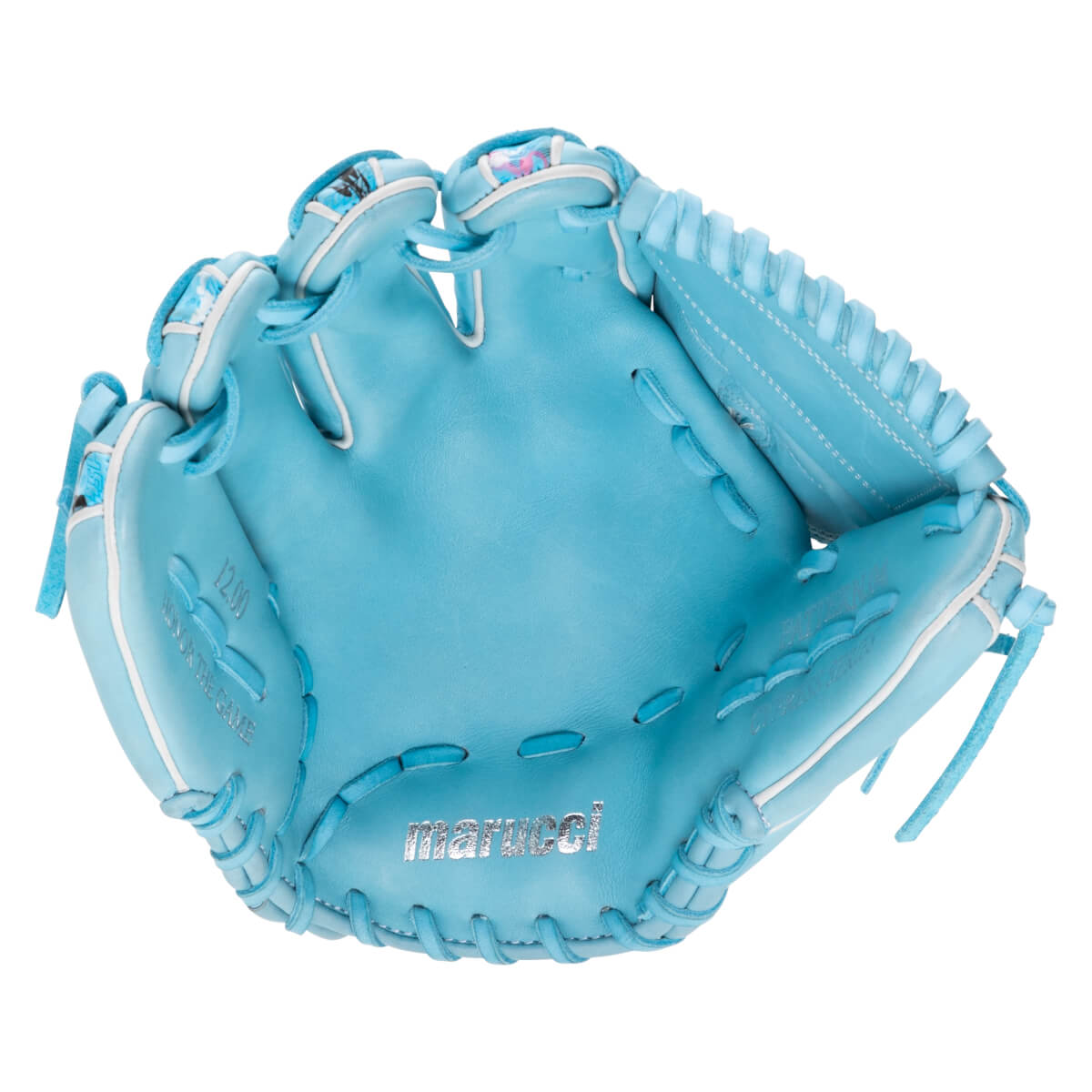 Corner view of a light blue Marucci glove with white trim, showing "12.00" and "Marucci" text.