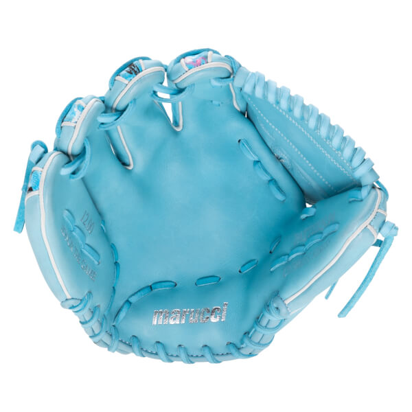 Corner view of a light blue Marucci glove with white trim, showing "12.00" and "Marucci" text.