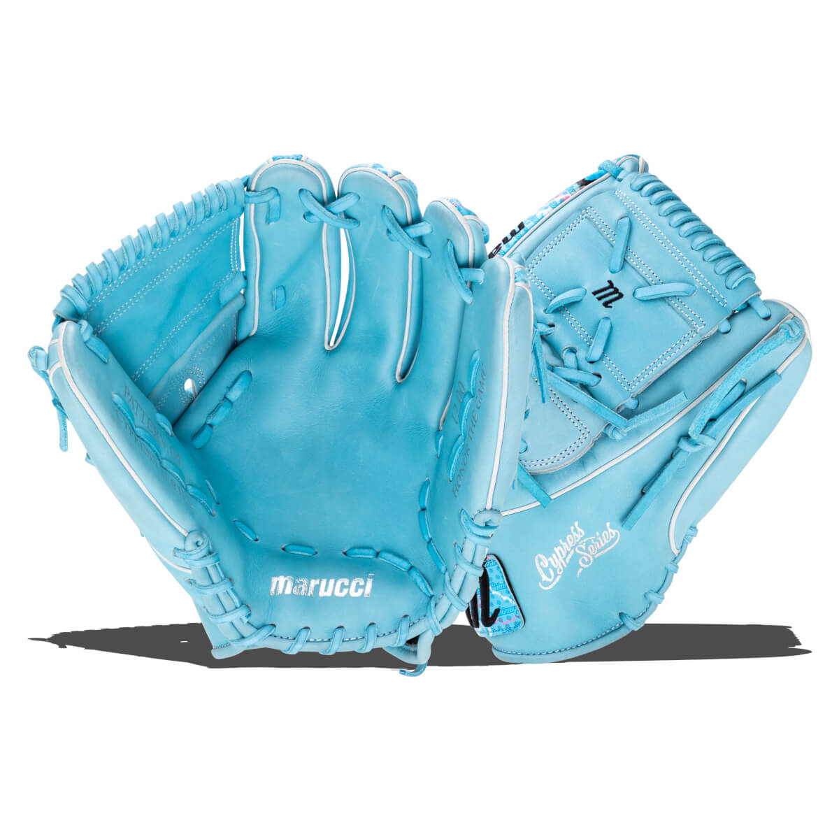 Front and back views of a light blue baseball glove with white lacing and the visible "marucci" and "Cypress Series" labels.