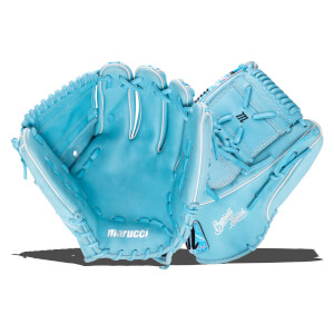 Front and back views of a light blue baseball glove with white lacing and the visible "marucci" and "Cypress Series" labels.