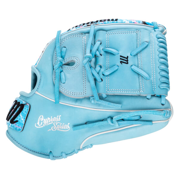 Back view of the light blue glove featuring "Cypress Series" script in white and the black Marucci "M" logo on the web and wrist strap.