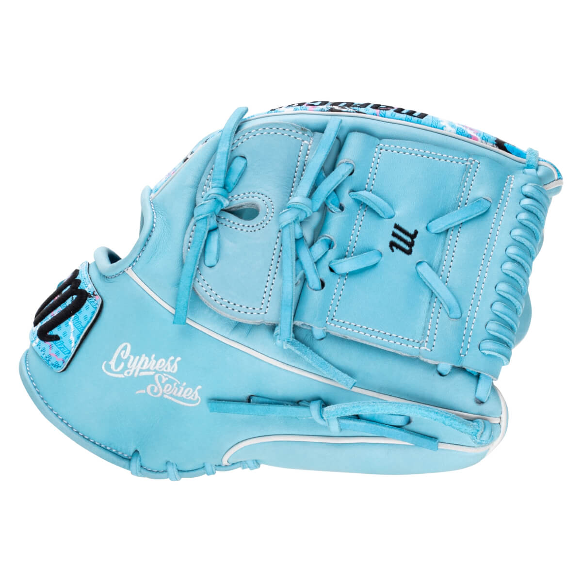 Back view of a light blue baseball glove featuring "Cypress Series" in white script and an "M" logo on both the closed web and the patterned wrist patch.