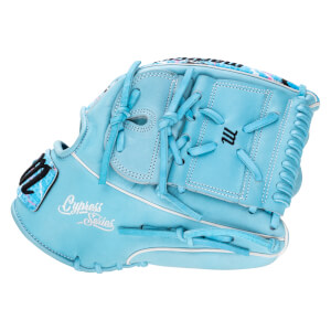 Back view of a light blue baseball glove featuring "Cypress Series" in white script and an "M" logo on both the closed web and the patterned wrist patch.