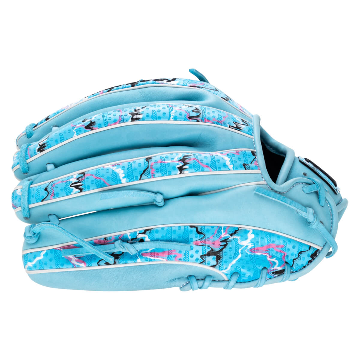 Back view of a light blue baseball glove featuring a vibrant pink, black, and white "Lizard Skins" graphic pattern on the fingers and heel.