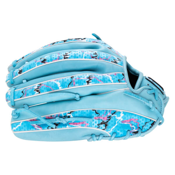 Back view of a light blue baseball glove featuring a vibrant pink, black, and white "Lizard Skins" graphic pattern on the fingers and heel.