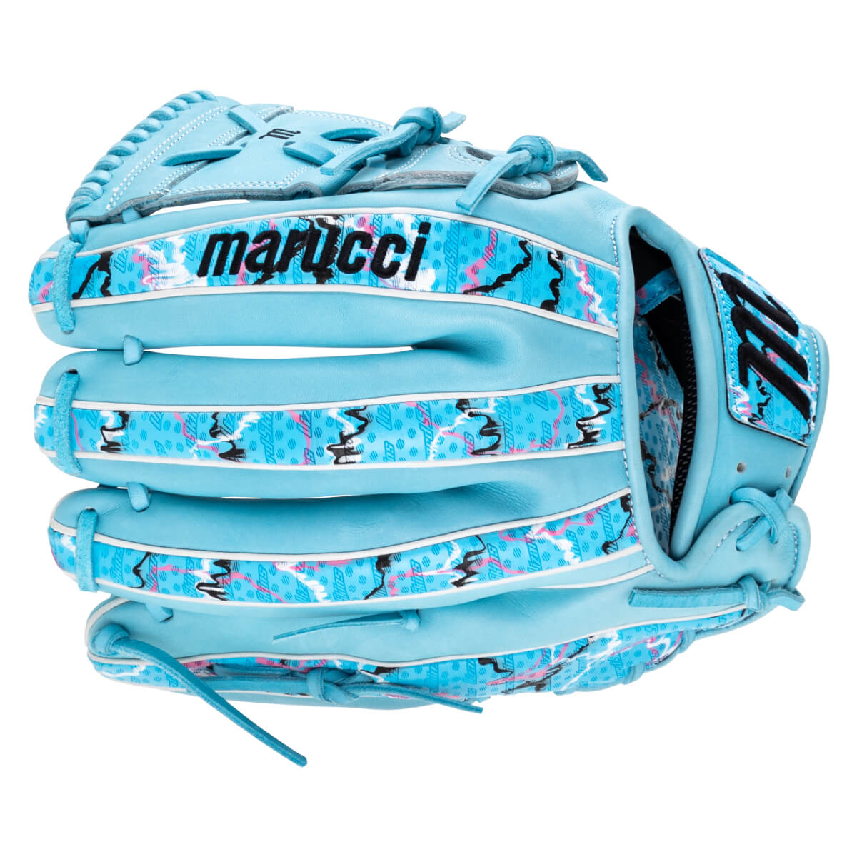 Back view of a light blue baseball glove featuring colorful, patterned panels and the marucci logo in bold black text across the top finger.