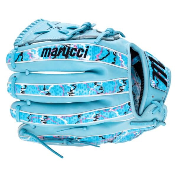 Back view of a light blue baseball glove featuring colorful, patterned panels and the marucci logo in bold black text across the top finger.