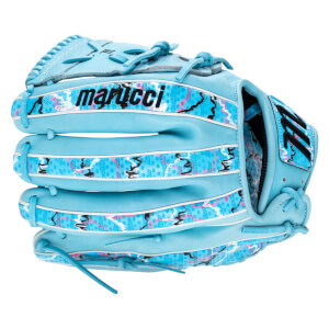 Back view of a light blue baseball glove featuring colorful, patterned panels and the marucci logo in bold black text across the top finger.