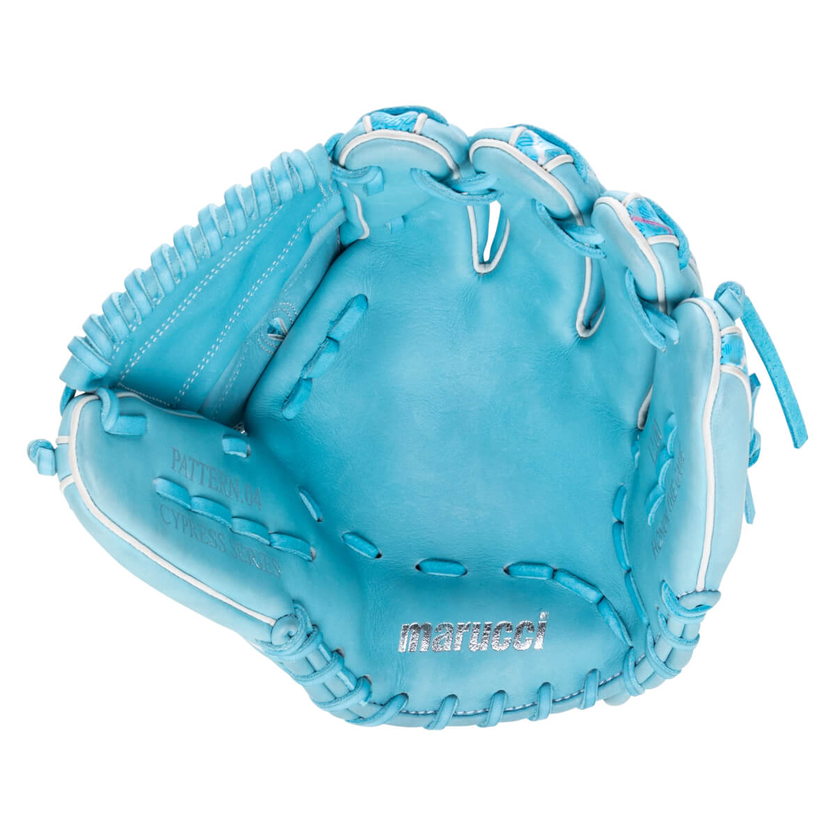 Front palm view of a light blue baseball glove with white stitching, featuring "PATTERN .04", "CYPRESS SERIES", and a silver "marucci" logo.
