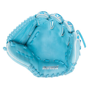Front palm view of a light blue baseball glove with white stitching, featuring "PATTERN .04", "CYPRESS SERIES", and a silver "marucci" logo.