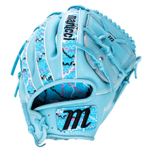 Back view of a light blue baseball glove with pink and black patterned inserts, featuring the marucci name on a finger stall and a black m logo on the wrist strap.