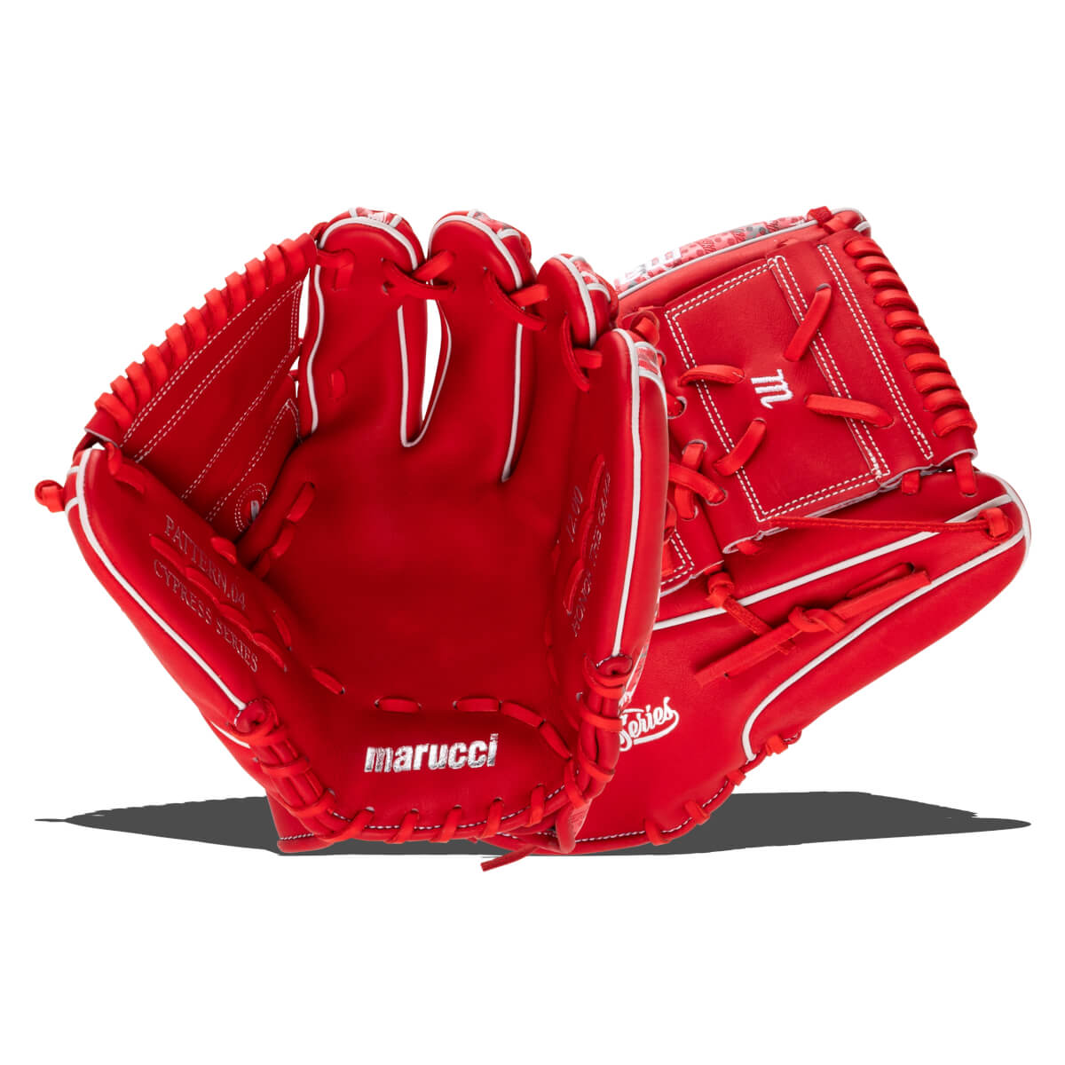 Front view of a red Marucci baseball glove, showing the Marucci logo and "Cypress Series" text.