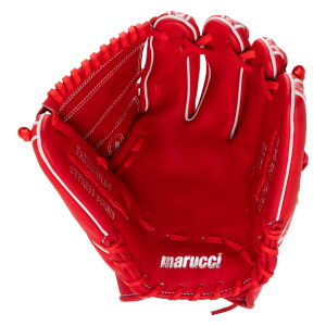 Front view of the red Marucci baseball glove with white stitching and the "marucci" logo.