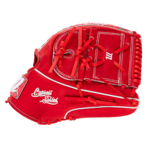 Back view of a red baseball glove featuring white welting, "Cypress Series" script on the thumb, and a white Marucci "M" logo on the web.
