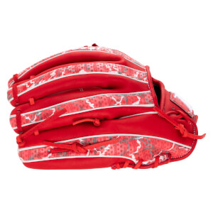 Side view of a red Marucci baseball glove with a repeating "Lizard Skins" pattern on the cuff and finger stalls.