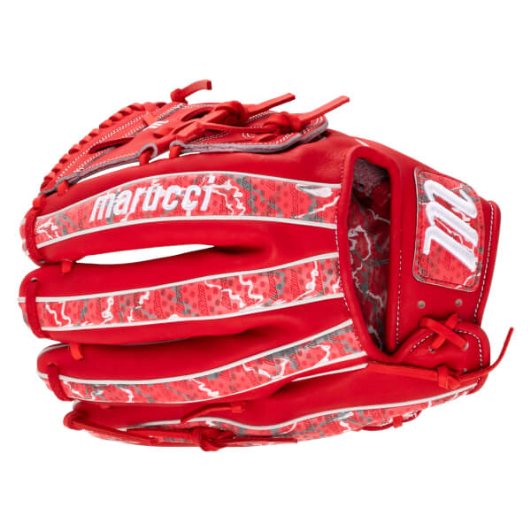 Side view of a red Marucci baseball glove with white "marucci" logo and patterned panels.