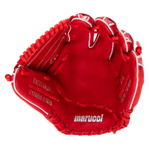 Close-up, the red Marucci Lizard Skins Cypress baseball glove displays "PATTERN.04," "CYPRESS SERIES," and the Marucci logo.