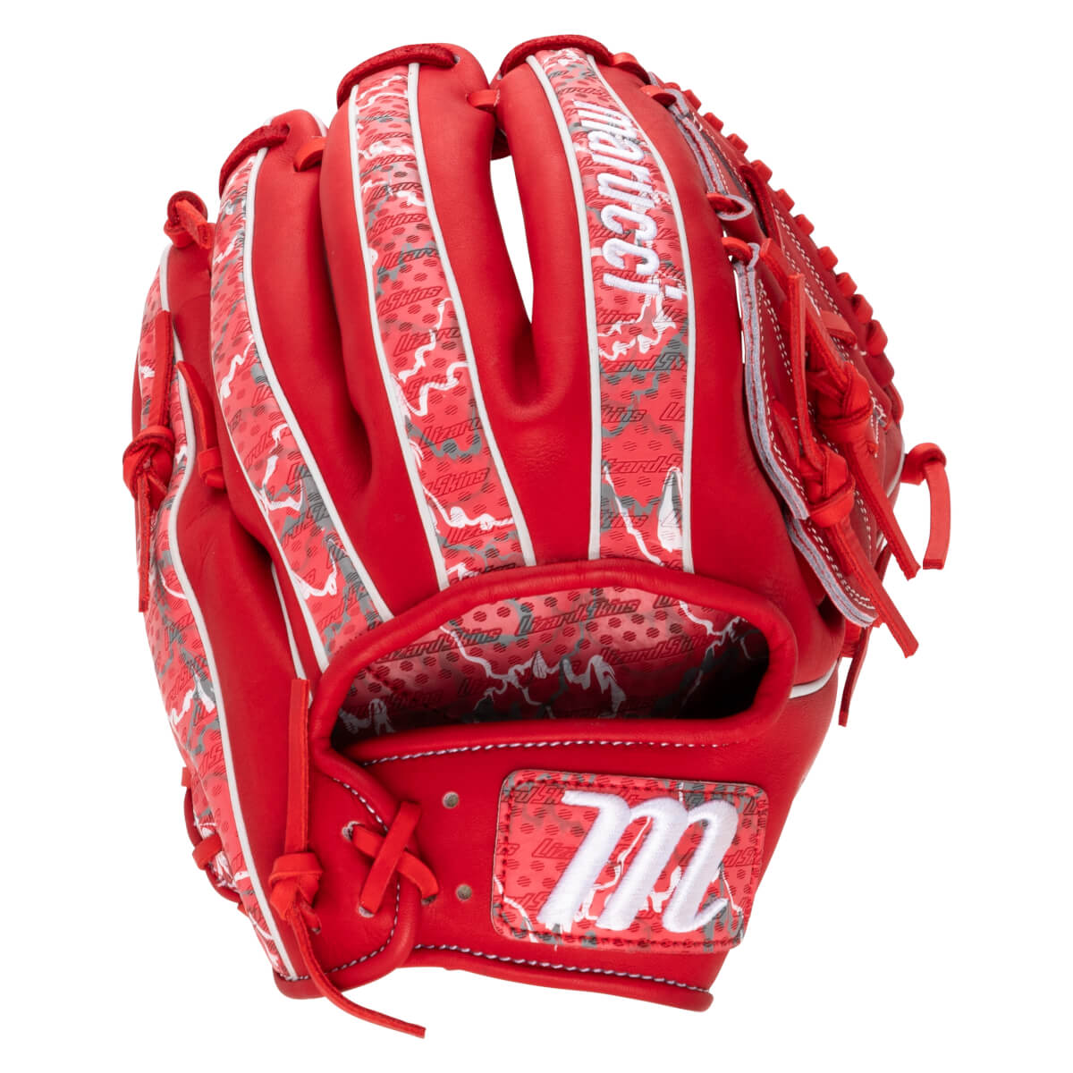 Front view of a red Marucci baseball glove with a "marucci" logo and an "m" logo on a patterned background.