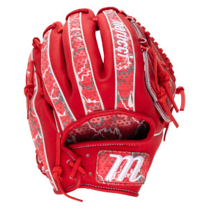 Front view of a red Marucci baseball glove with a "marucci" logo and an "m" logo on a patterned background.