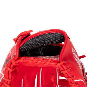 Close-up showing the red Marucci Cypress glove's padded opening and white "Cypress Series" lettering.