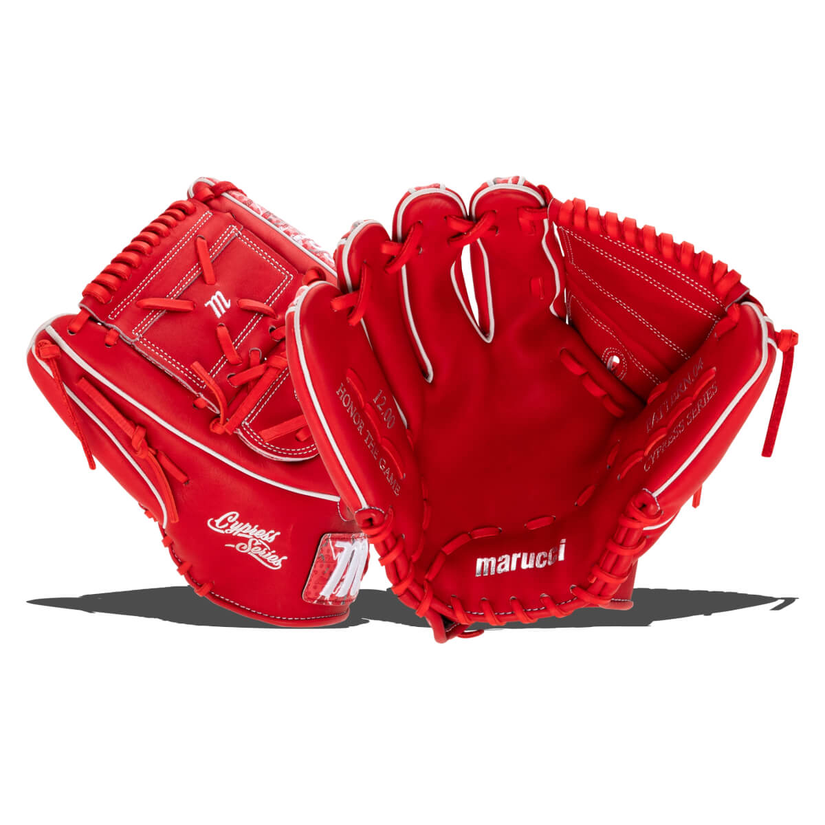 Front view of two red Marucci baseball gloves, one with "Cypress Series" and "m" logo, the other with "HONOR THE GAME" and "maruci".