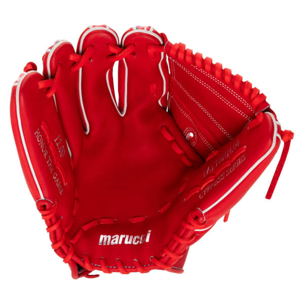 Front view of a red Marucci baseball glove showing "HONOR THE GAME" and "12.00" text, and the "marucci" logo.
