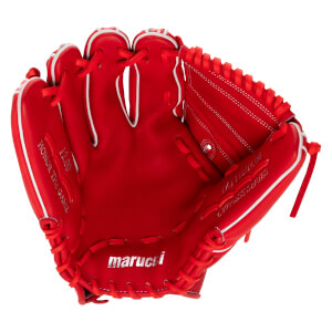 Front view of a red Marucci baseball glove showing "HONOR THE GAME" and "12.00" text, and the "marucci" logo.