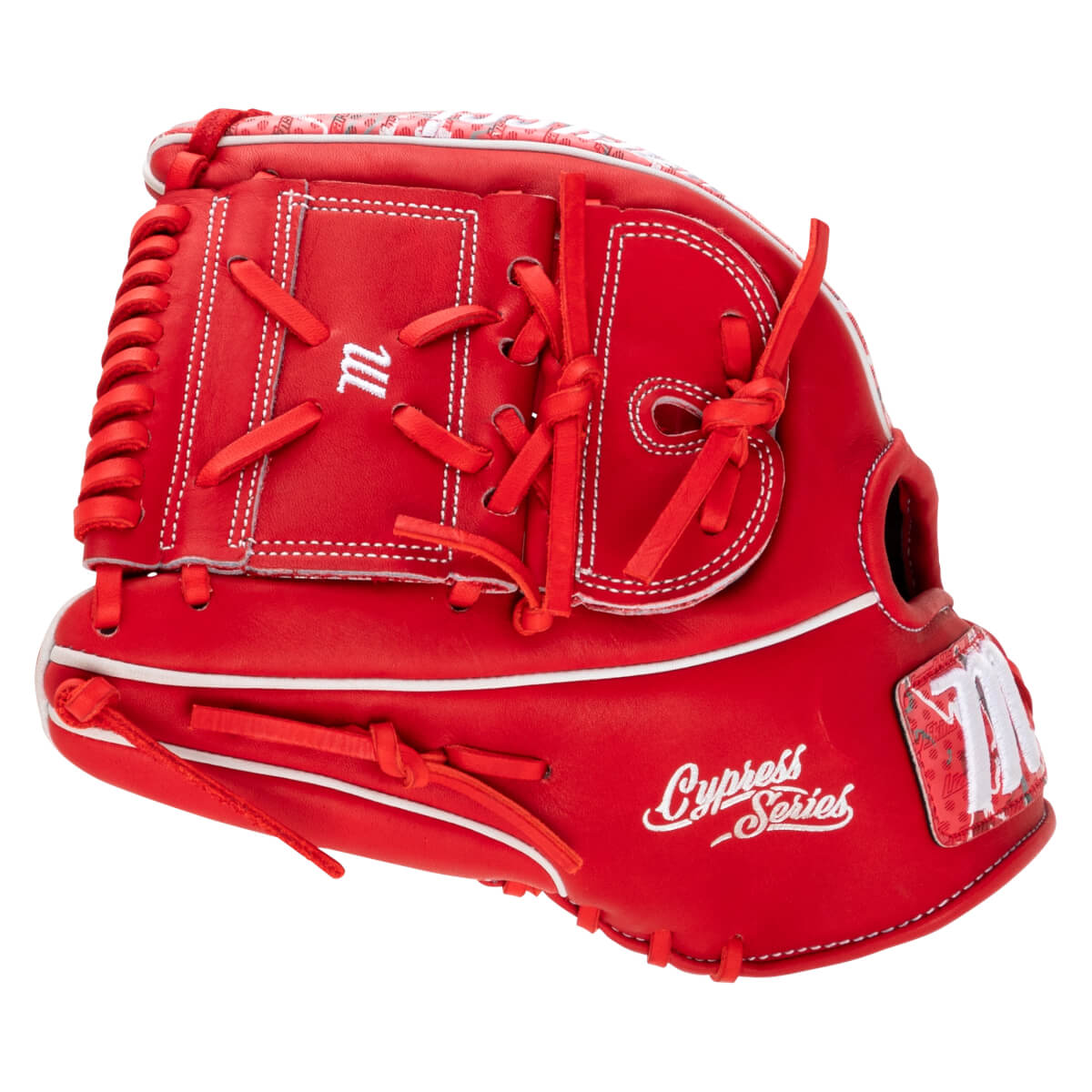 Front view of a red Marucci baseball glove with white stitching, the "m" logo, and "Cypress Series" lettering.