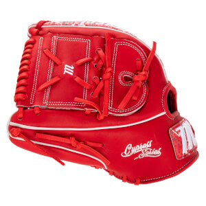 Front view of a red Marucci baseball glove with white stitching, the "m" logo, and "Cypress Series" lettering.