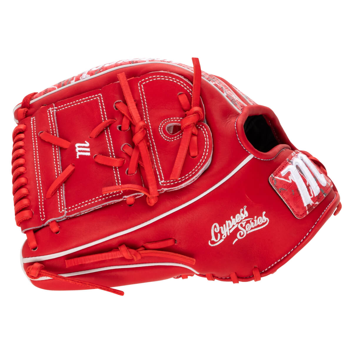 Corner view of a red Marucci baseball glove featuring white stitching, a white "m" logo, and "Cypress Series" text.