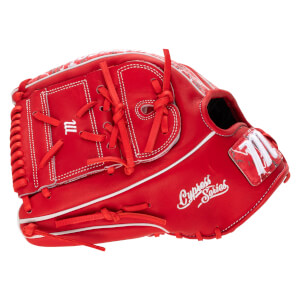 Corner view of a red Marucci baseball glove featuring white stitching, a white "m" logo, and "Cypress Series" text.