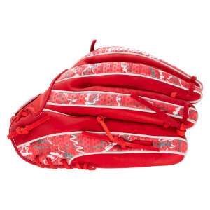 Corner view of a red Marucci baseball glove featuring a white and gray "Ghost" camo pattern.