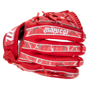 Side view of a red Marucci baseball glove with white "Marucci" lettering and a patterned insert.