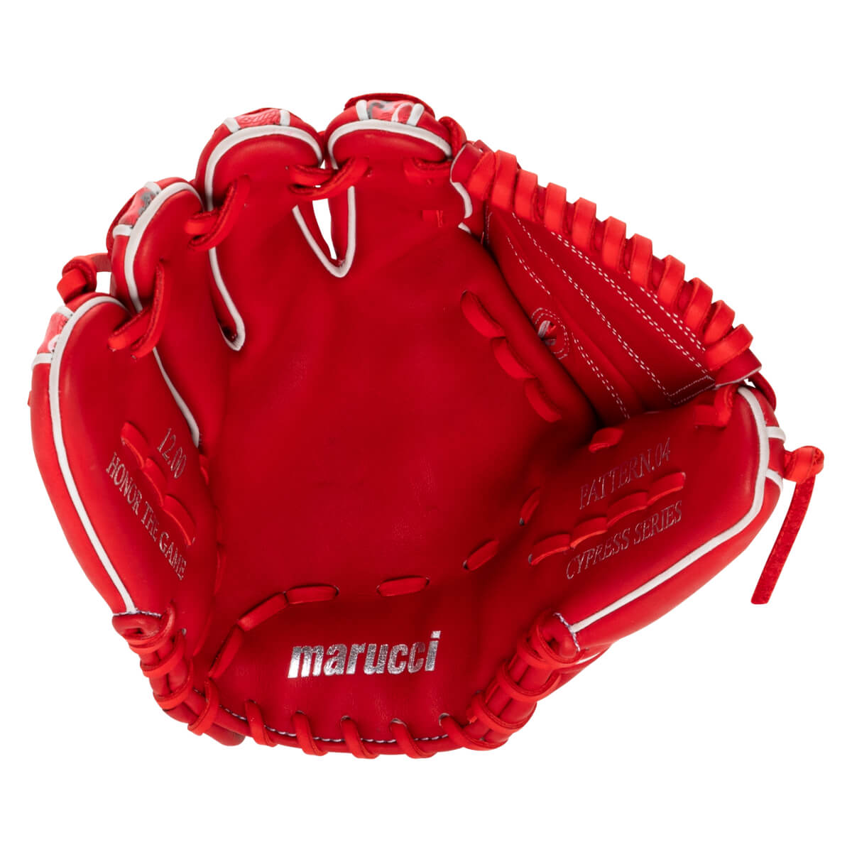 Front palm view of a red Marucci baseball glove with white trim, featuring silver 'marucci' text and 'CYPRESS SERIES' and 'HONOR THE GAME' branding on the palm.