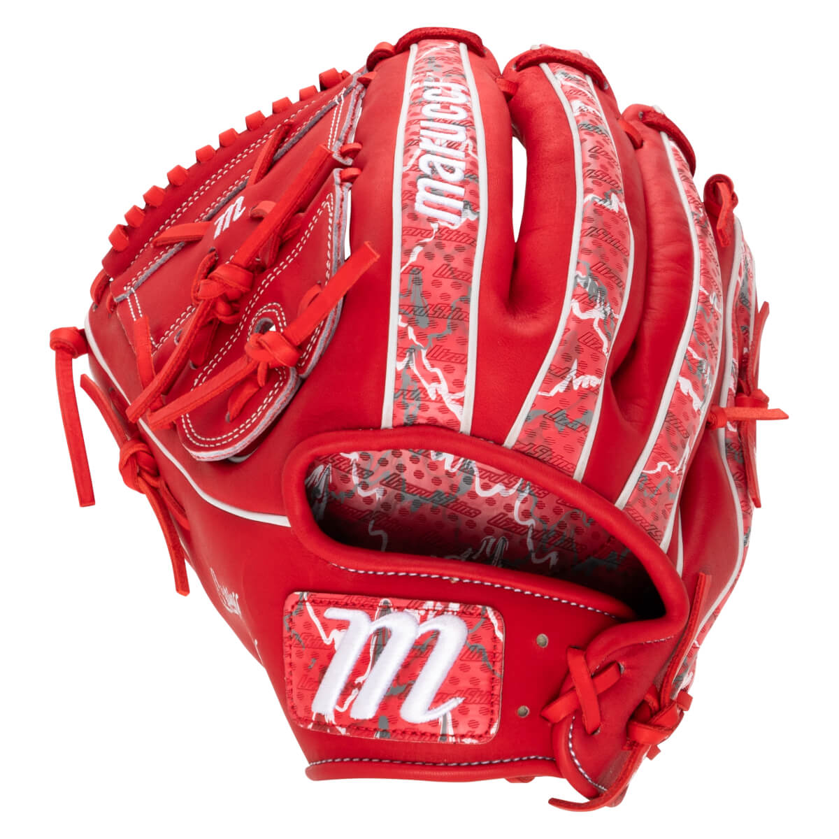 Front view of a red Marucci baseball glove featuring a white "m" logo and "Lizard Skins" text.