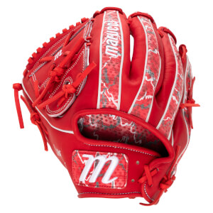 Front view of a red Marucci baseball glove featuring a white "m" logo and "Lizard Skins" text.