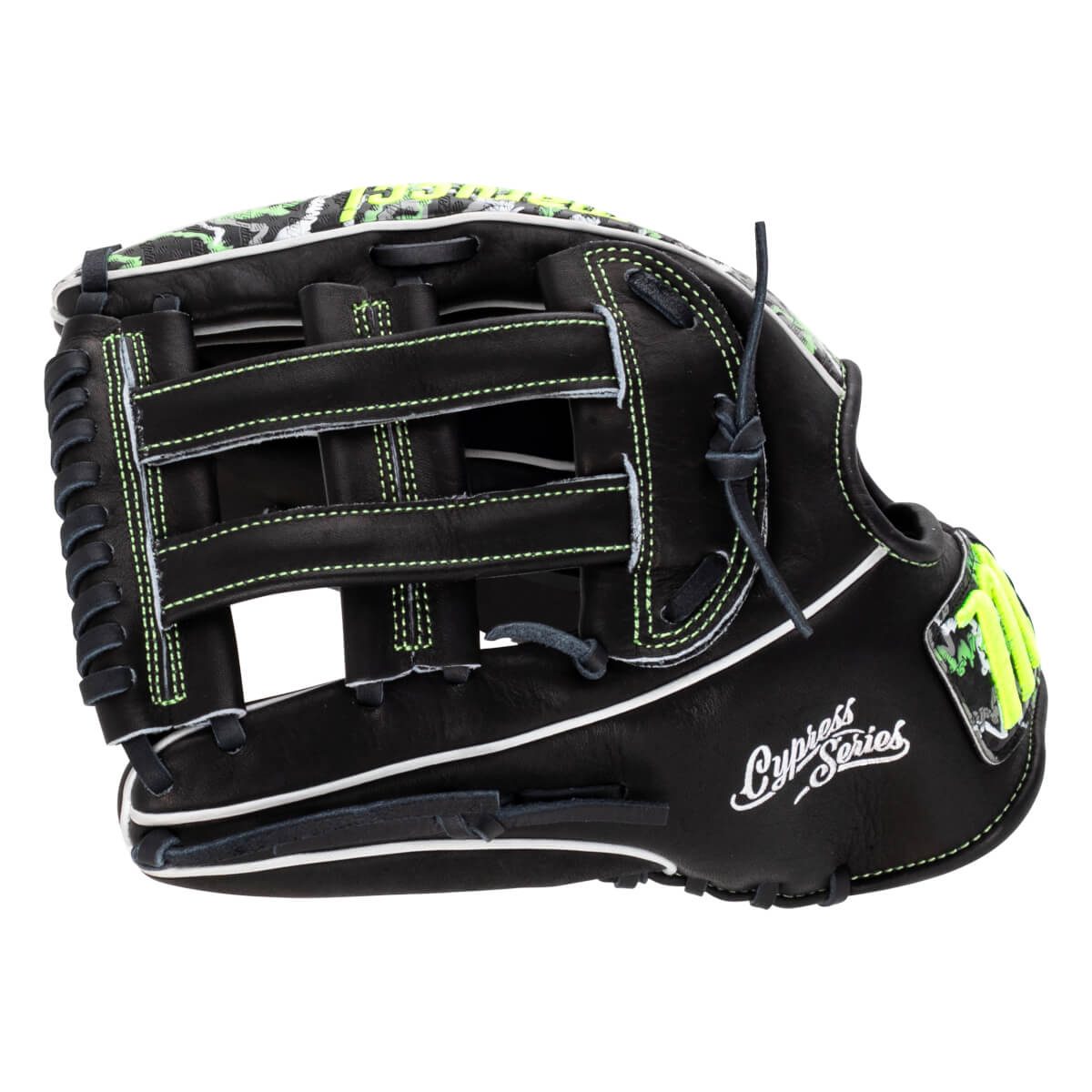 Side view of a black leather baseball glove featuring lime green stitching, an H-web, and "Cypress Series" in white script on the shell.