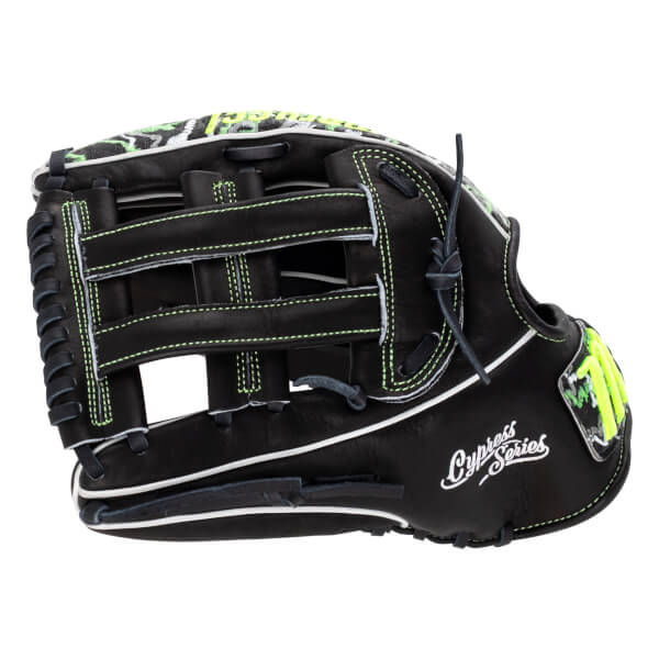 Side view of a black leather baseball glove featuring lime green stitching, an H-web, and "Cypress Series" in white script on the shell.