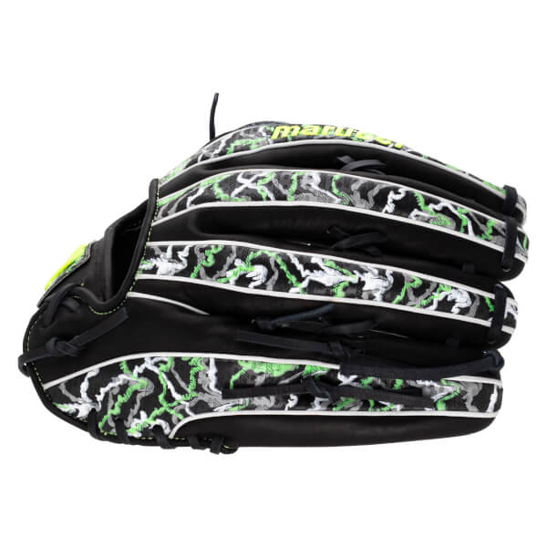 Back view of the glove showing black leather, a grey and green lizard skin pattern on the finger panels, white piping, and the yellow Marucci brand name.