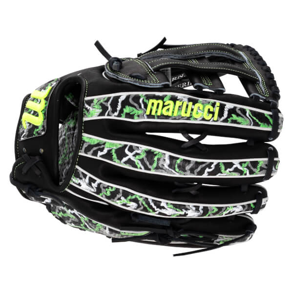 Back view of a black baseball glove featuring green and grey lizard-skin pattern trim and the word "marucci" in neon yellow text on the top finger stall.