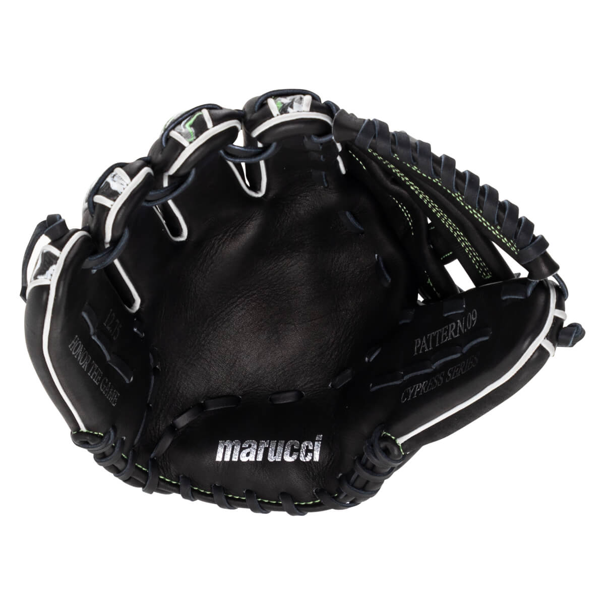 Front view of the black leather palm and pocket featuring white welting and silver text reading "marucci," "PATTERN.09," and "CYPRESS SERIES."